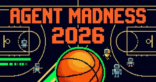 agent madness 2026, in pixel art over a basketball court